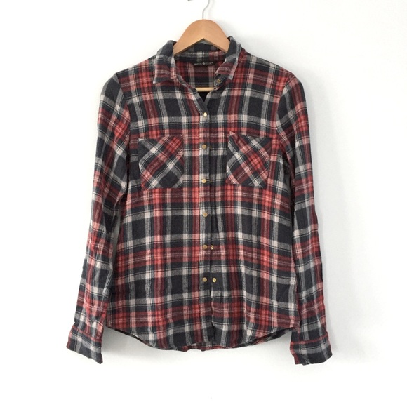 Maison Coupe Tops - Maison Coupe Plaid Red Navy Button Up Shirt